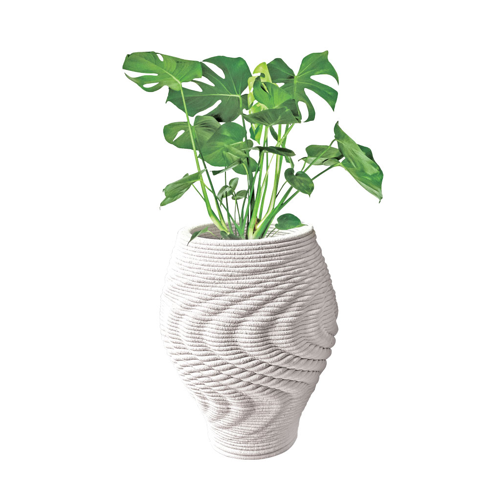 Contemporary concrete planter product with a twisted rope pattern